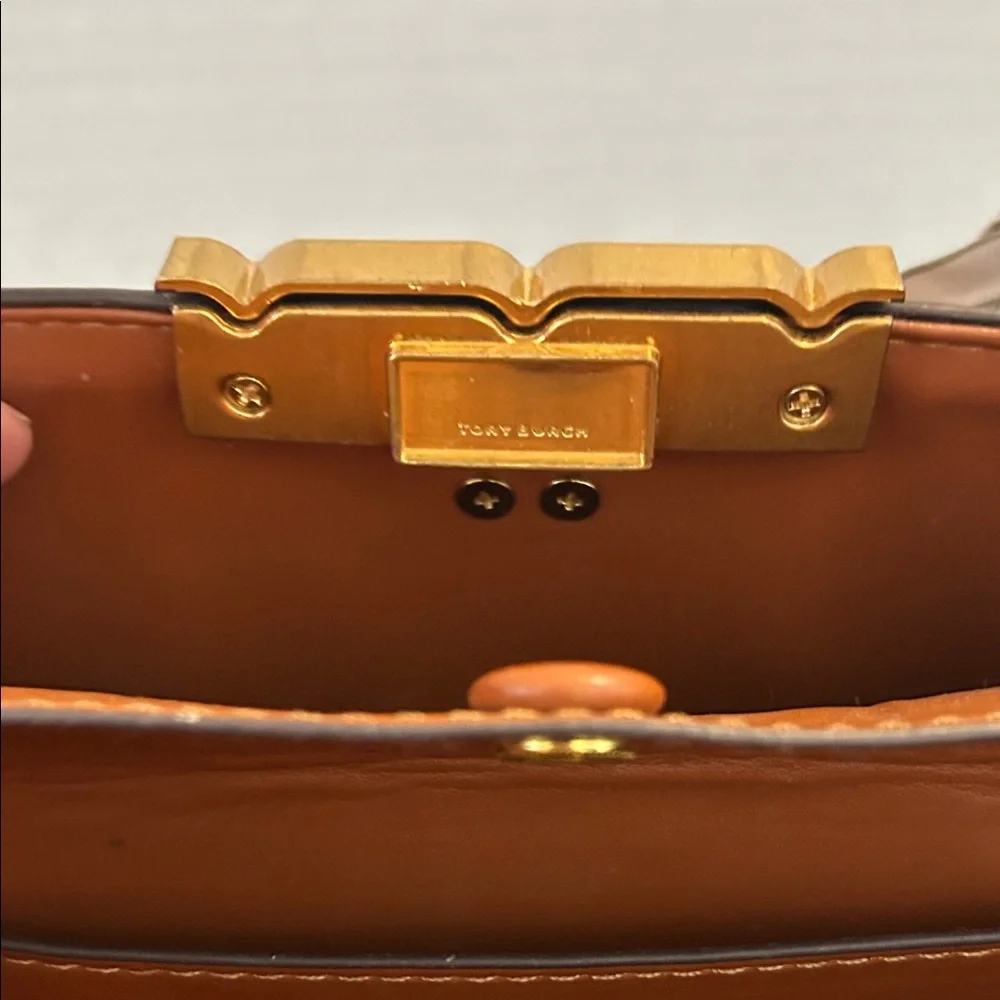 Tory Burch $700 Tan Eleanor Spazoletto Satchel with Gold Logo and Ribbon